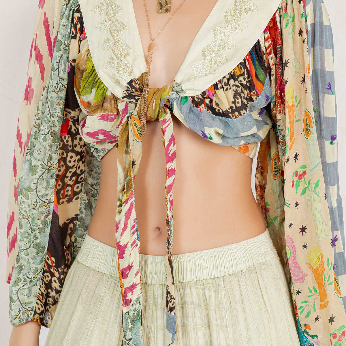 Young Threads - Bohemian Patchwork Set: Tie-Front Top & Flowing Tiered Pants