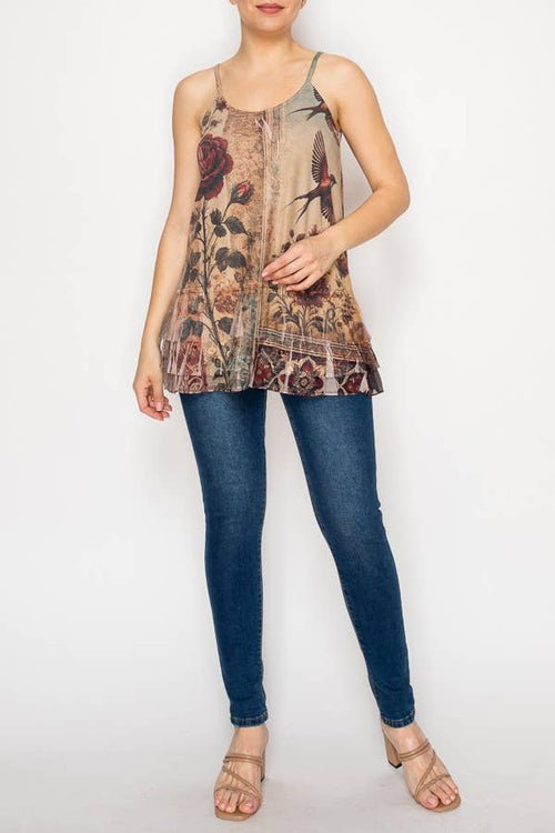 Origami Apparel ~ Lace and Crochet inspired - Adjustable Relaxed Cami Tank With Layered Ruffled Trim - T14TP VINT BIRD