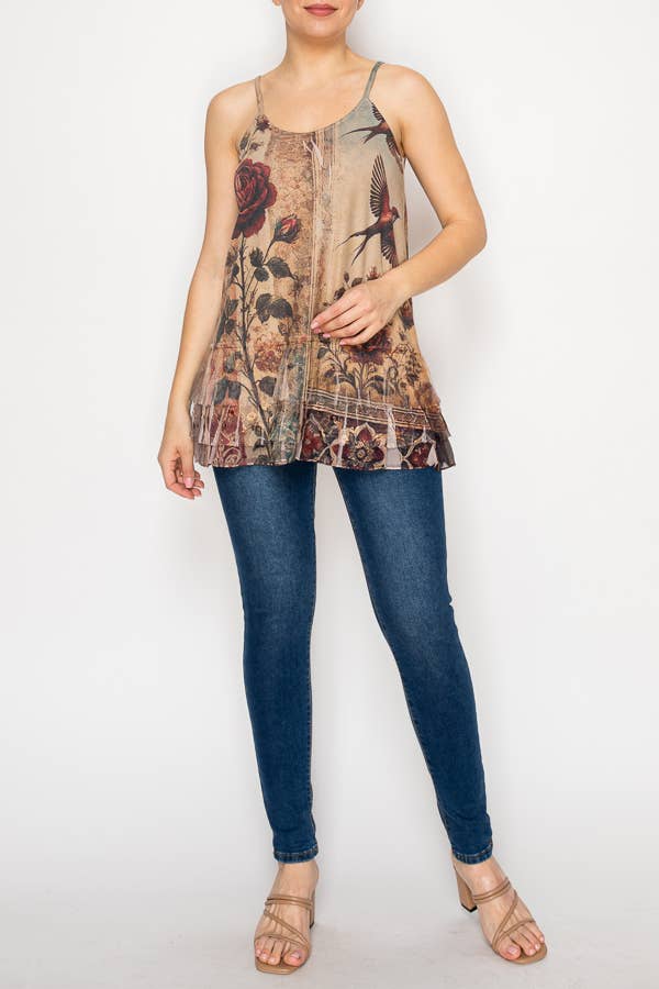 Origami Apparel ~ Lace and Crochet inspired - Adjustable Relaxed Cami Tank With Layered Ruffled Trim - T14TP VINT BIRD