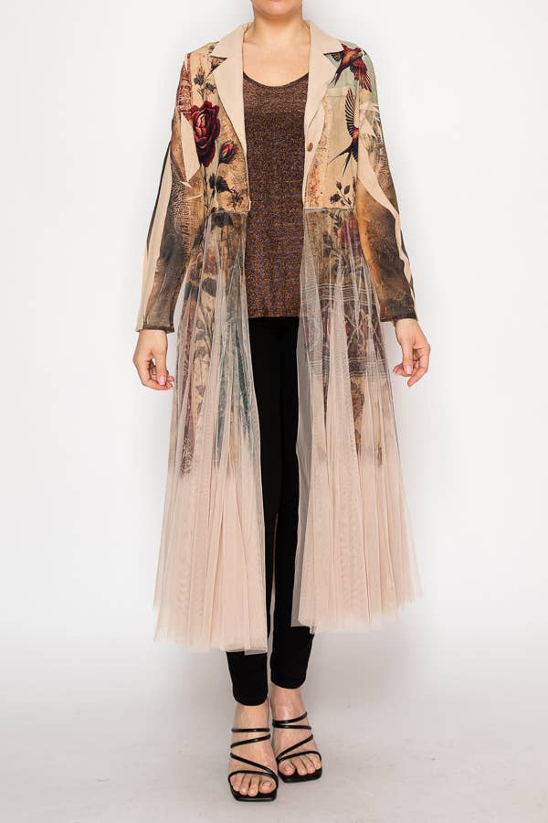 Origami Apparel ~ Lace and Crochet inspired - Chic Contrast Longline Blazer Jacket With Mesh Tulle Panel - 4773TP VINT BIRD
