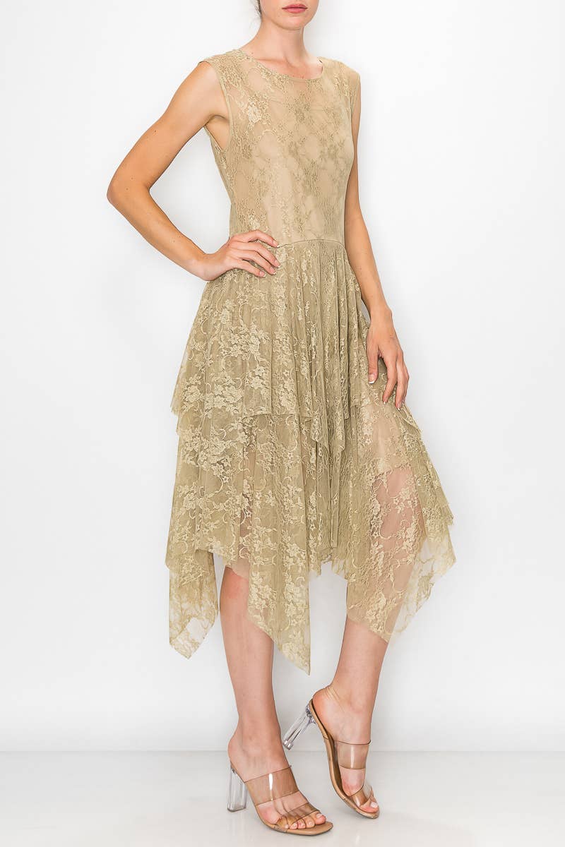 Origami Apparel ~ Lace and Crochet inspired - Taupe Lined Dress with Matching Slip