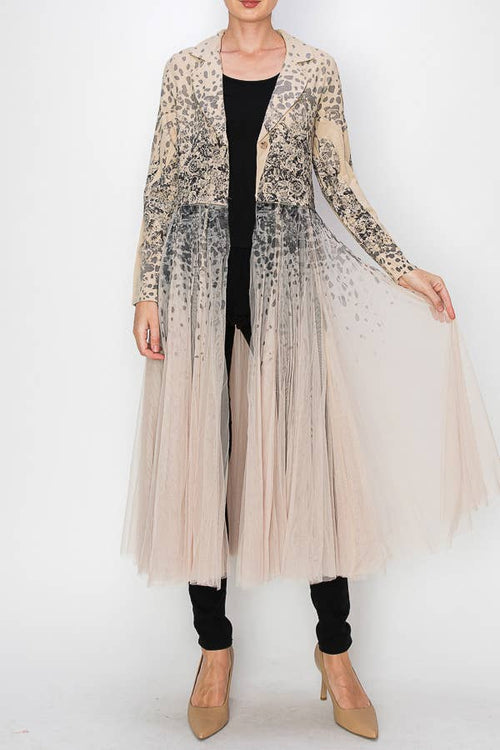 Origami Apparel ~ Lace and Crochet inspired - Chic Contrast Longline Blazer Jacket With Mesh Tulle Panel - 4773TP LEOROSE