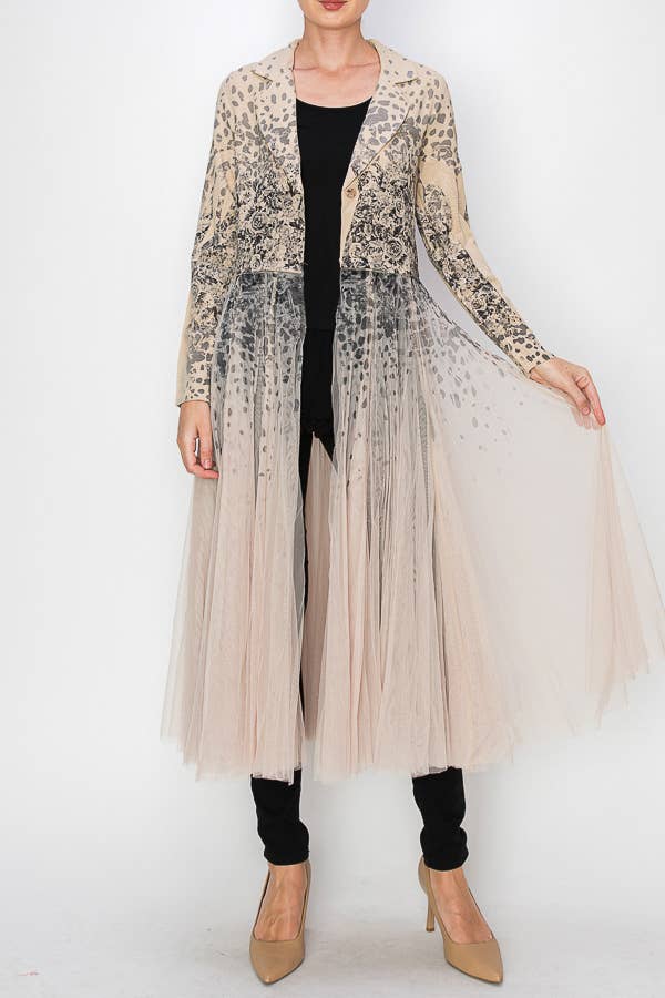 Origami Apparel ~ Lace and Crochet inspired - Chic Contrast Longline Blazer Jacket With Mesh Tulle Panel - 4773TP LEOROSE