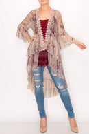 Origami Apparel ~ Lace and Crochet inspired - Ethereal Lace Tiered High-Low Kimono Cardigan - 4508 TAUPE/2 ROSE