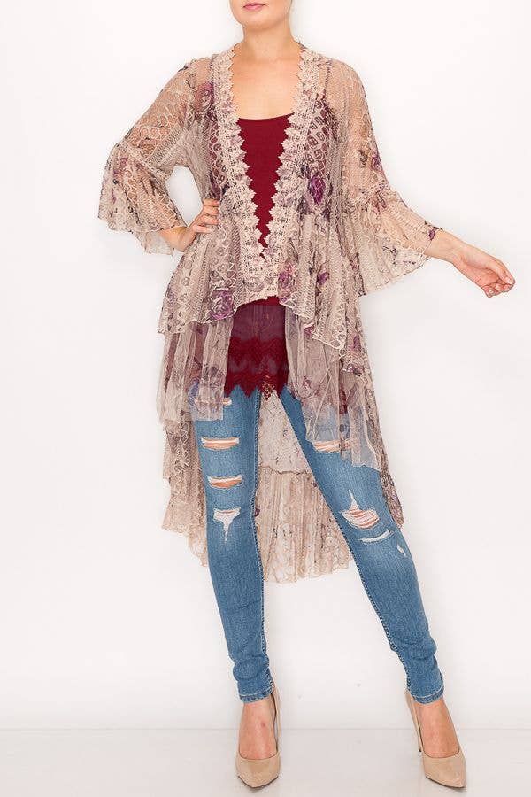 Origami Apparel ~ Lace and Crochet inspired - Ethereal Lace Tiered High-Low Kimono Cardigan - 4508 TAUPE/2 ROSE