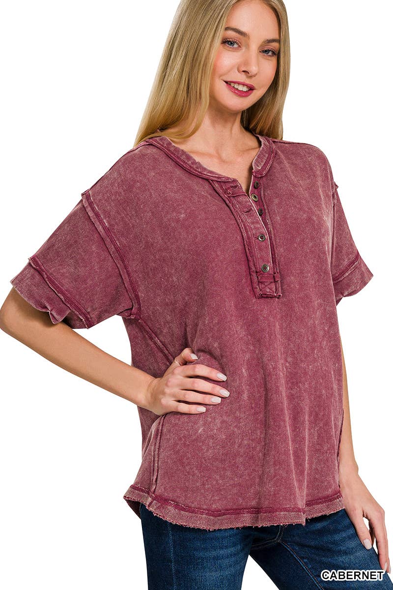 42POPS - `.Washed Raw Edge Detailed Button Closure Top