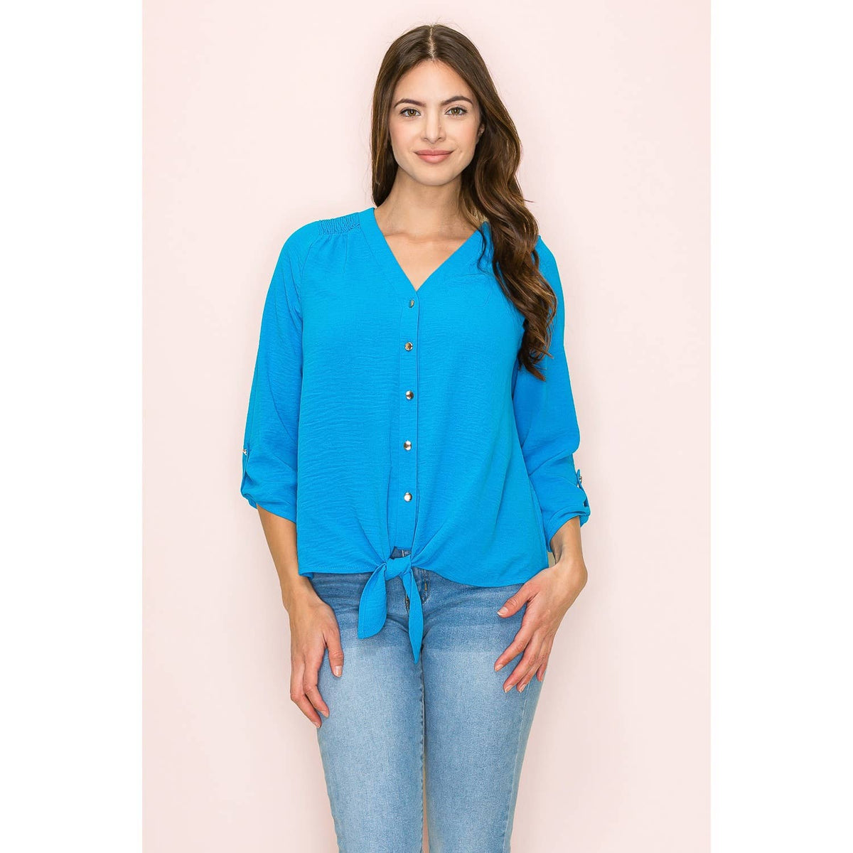 Perseption - VNECK AIR FLOW SMOCKING SHOULDER TIE FRONT SHIRT