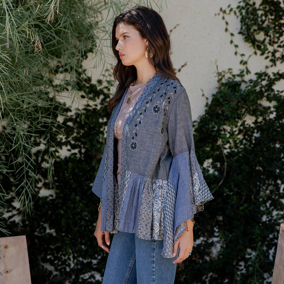 Young Threads - Printed Rayon Kimono Shrug with Embroidery (New Color)
