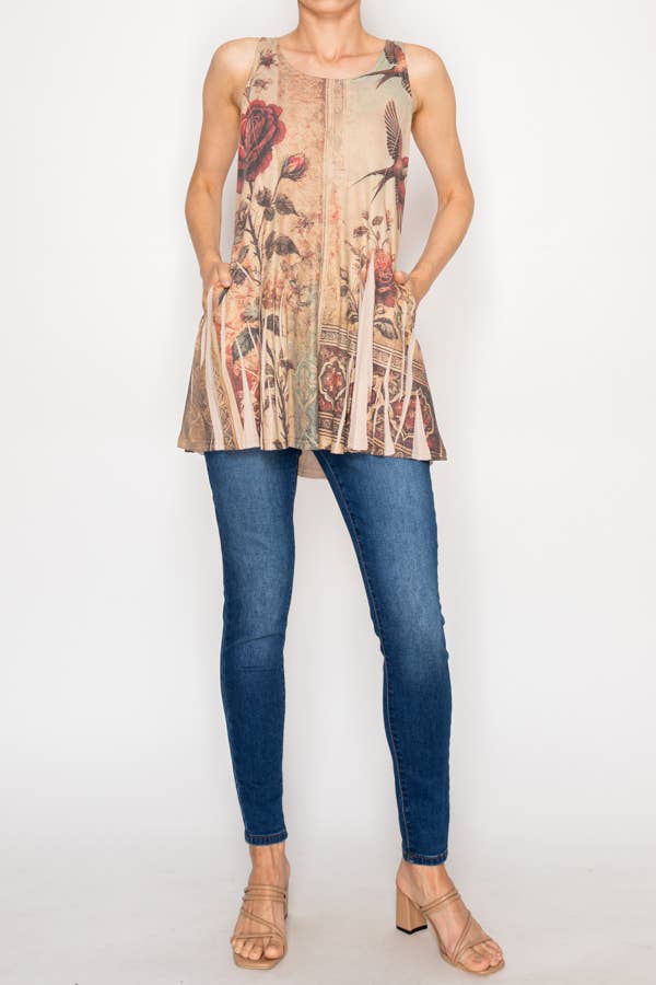 Origami Apparel ~ Lace and Crochet inspired - Soft Flowy Tunic Tank with Hidden Pockets - 501-T16TP-VINTAGE BI
