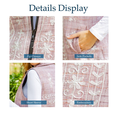 Young Threads - Women Khadi Linen Zipper Vest Embroidery With Quilted Lining
