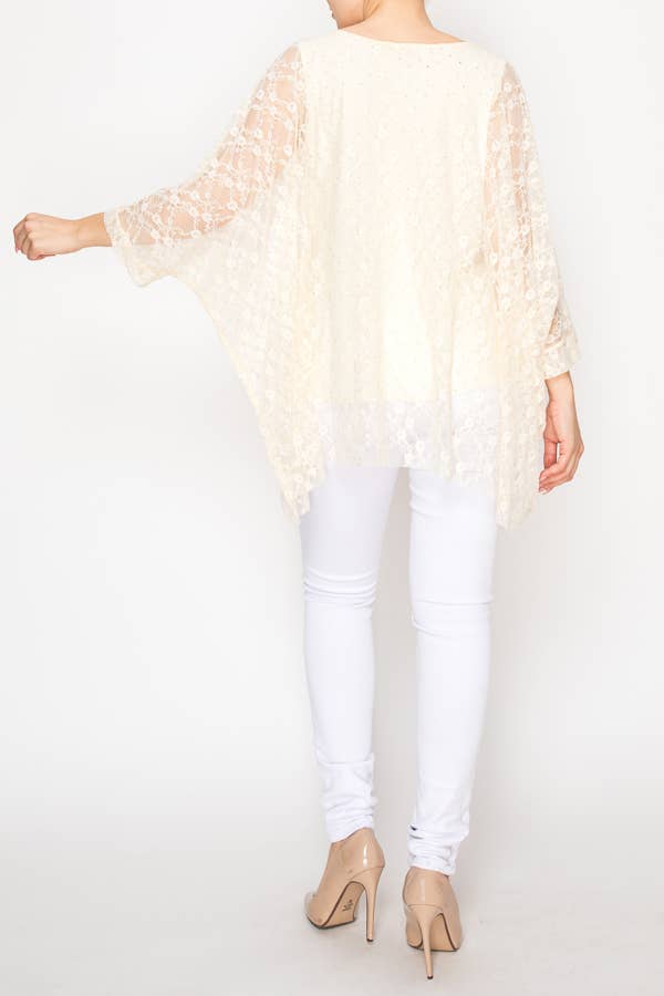 Origami Apparel ~ Lace and Crochet inspired - Subtly Glam Lace Overlay Top With Lining & Sparkles - 4853BEIGE