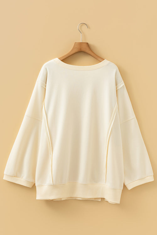 Beige Plus Size Raw Seam Detail Floral Bow Patched Baggy Pullover