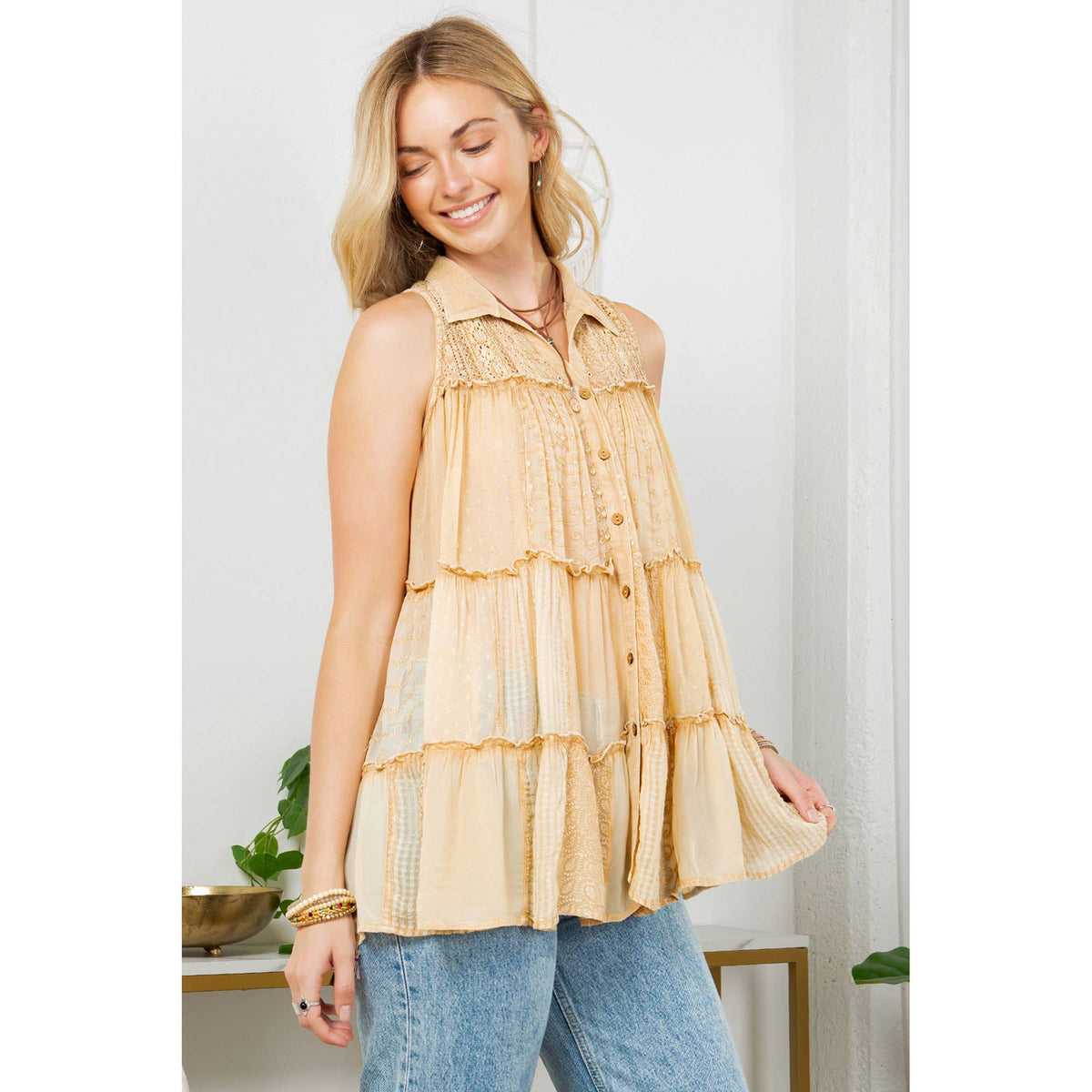 YOUNG THREADS - 60s-Inspired Sleeveless Jhabla Top Button-Down Shirt