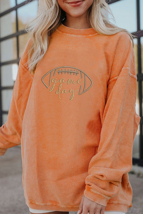 White Football Graphic Game Day Embroidered Corded Sweatshirt