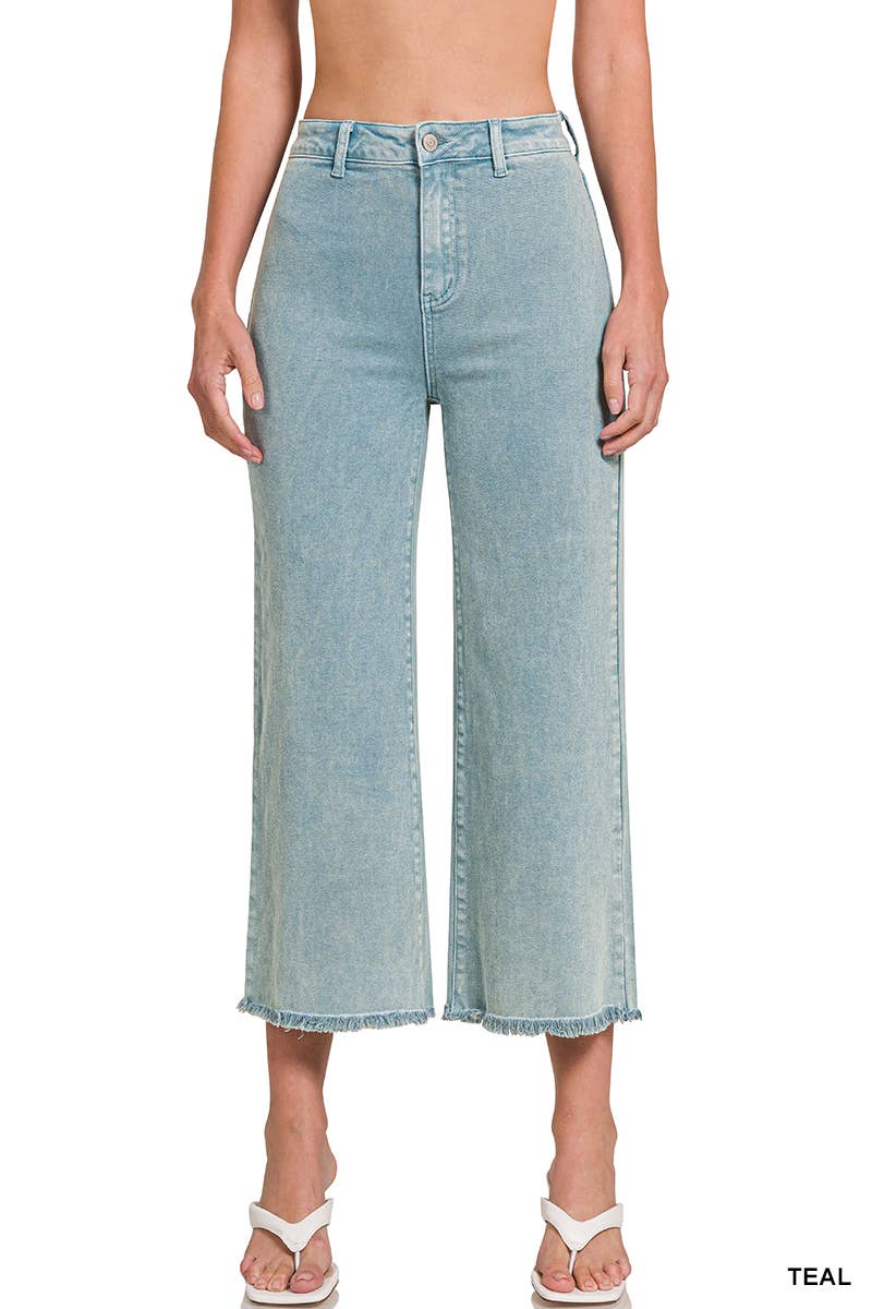 42POPS - ",,..Acid Washed Frayed Cutoff Hem Straight Wide Pants