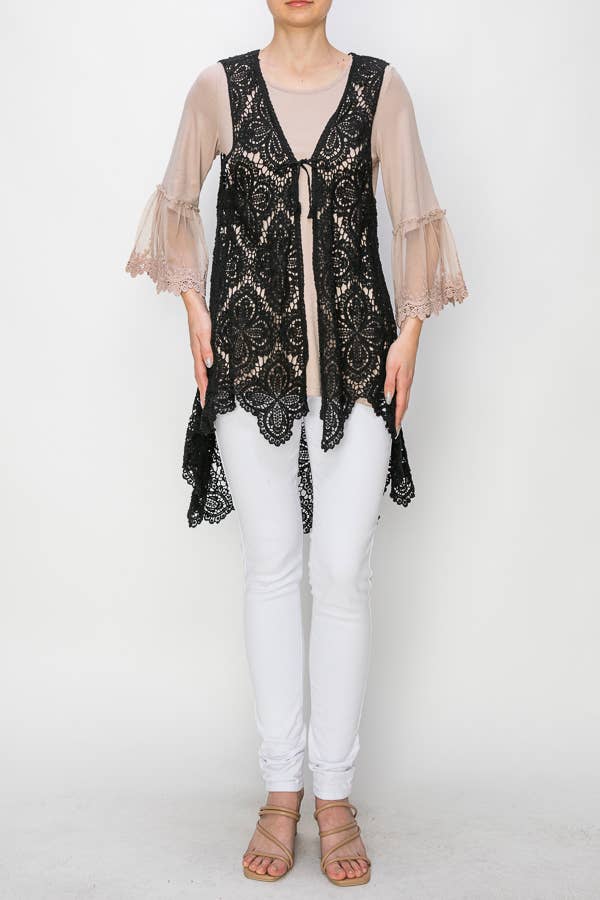 Origami Black Crochet Open Vest