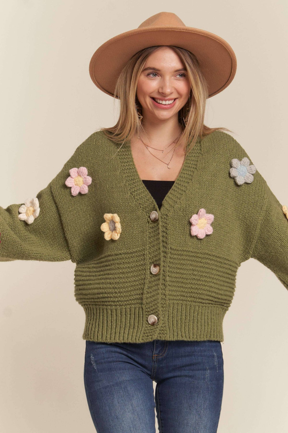 Madelyn - LESW2654- FLORAL PATCHED SWEATER CARDIGAN