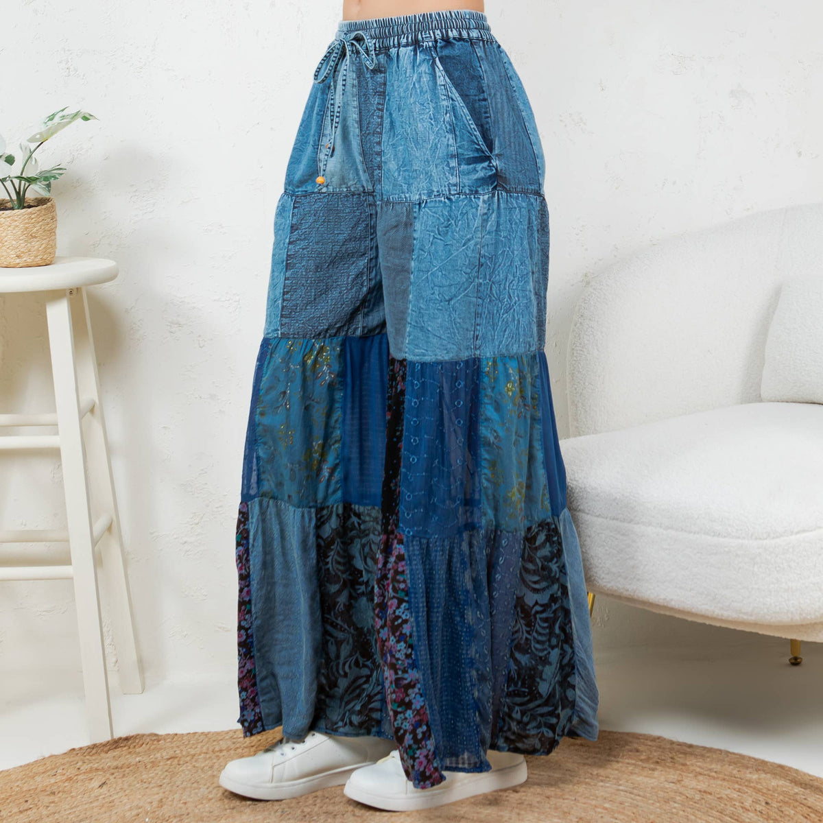 Young Threads - Boho chic Tiered Patch Inserted Denim &Knit Pants(New Color)