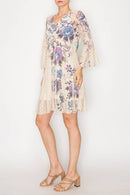 Origami Apparel ~ Lace and Crochet inspired - Dreamy Lined Short Lace Dress With Bell Sleeves - 4810BG EMBO FL