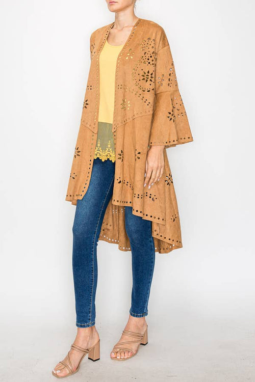 Origami Apparel ~ Faux Suede Jacket Laser Cutout Design - OLS-4762 CAMEL