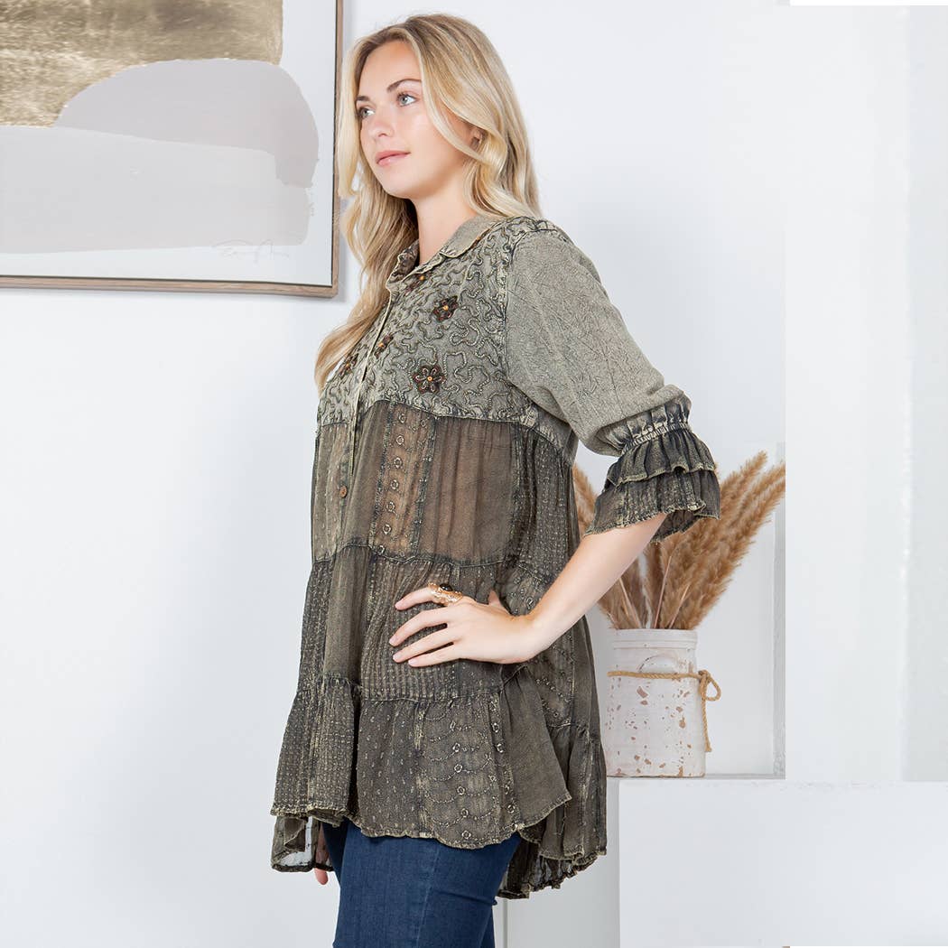 Young Threads - Women’s Mexican Embroidery Blouse - Gathered Waist Shirt