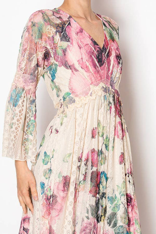 Origami Apparel ~ Lace and Crochet inspired - Dreamy Lined Short Lace Dress With Bell Sleeves - 4810BG BIG ROSE