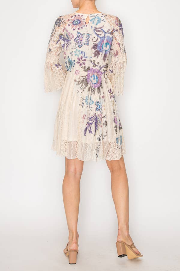 Origami Apparel ~ Lace and Crochet inspired - Dreamy Lined Short Lace Dress With Bell Sleeves - 4810BG EMBO FL