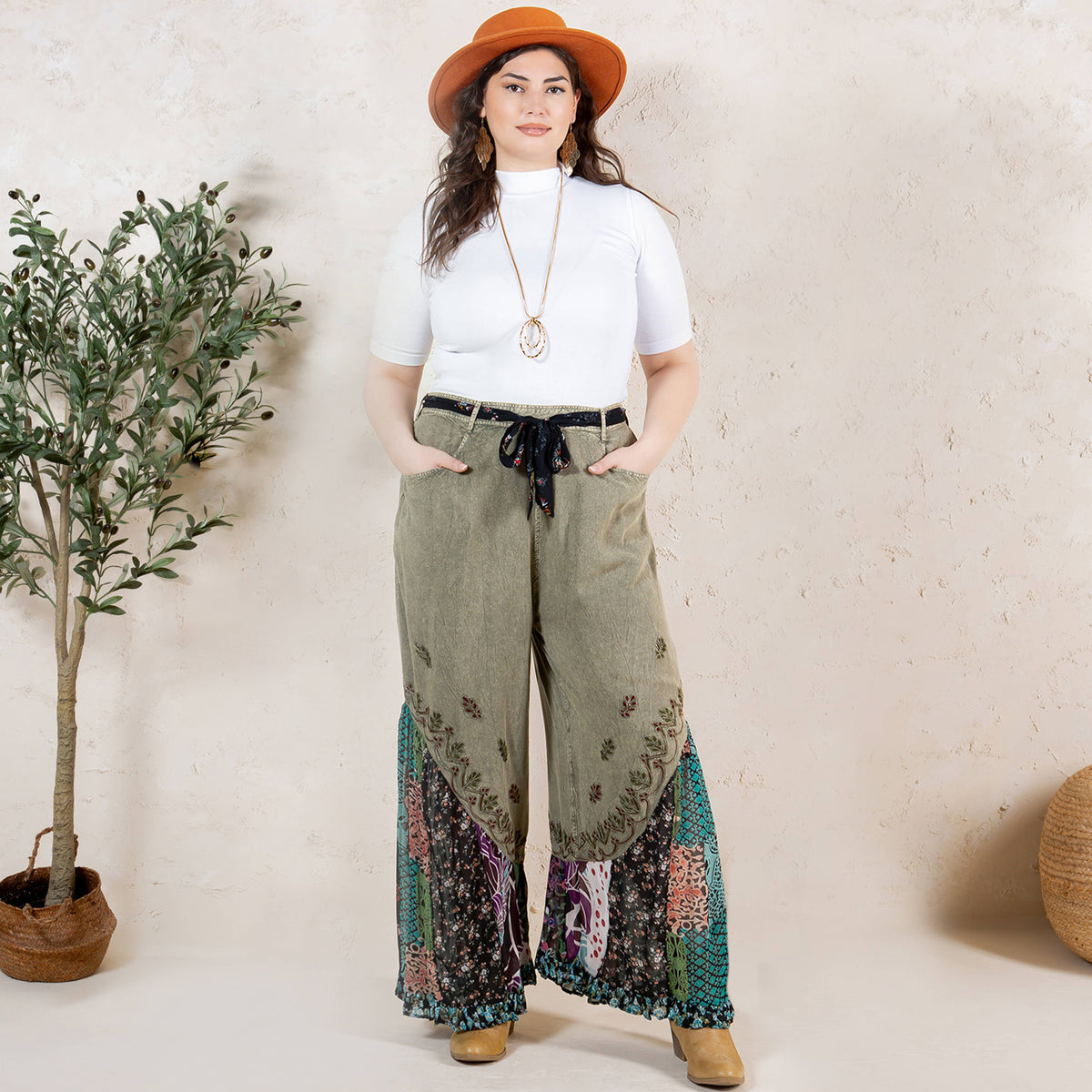 Young Threads - Boho Overdyed Rayon Bellbottom Pants : Gravel / PLUS (XL-1X-2X-3X 1-2-2-1)
