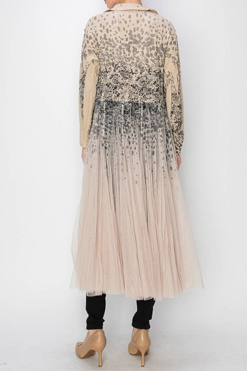 Origami Apparel ~ Lace and Crochet inspired - Chic Contrast Longline Blazer Jacket With Mesh Tulle Panel - 4773TP LEOROSE