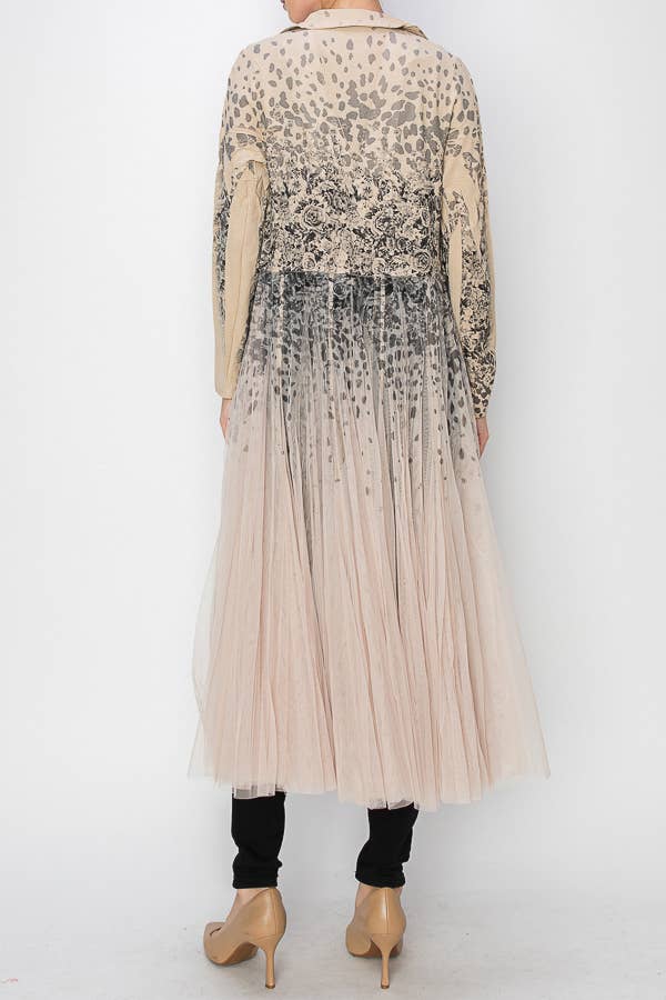 Origami Apparel ~ Lace and Crochet inspired - Chic Contrast Longline Blazer Jacket With Mesh Tulle Panel - 4773TP LEOROSE
