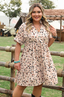 Beige Printed Surplice V Neck Cuffed Sleeve Empire Waist Plus Size Dress