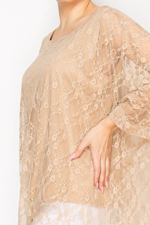 Origami Apparel ~ Lace and Crochet inspired - Subtly Glam Lace Overlay Top With Lining & Sparkles - 4853TAUPE
