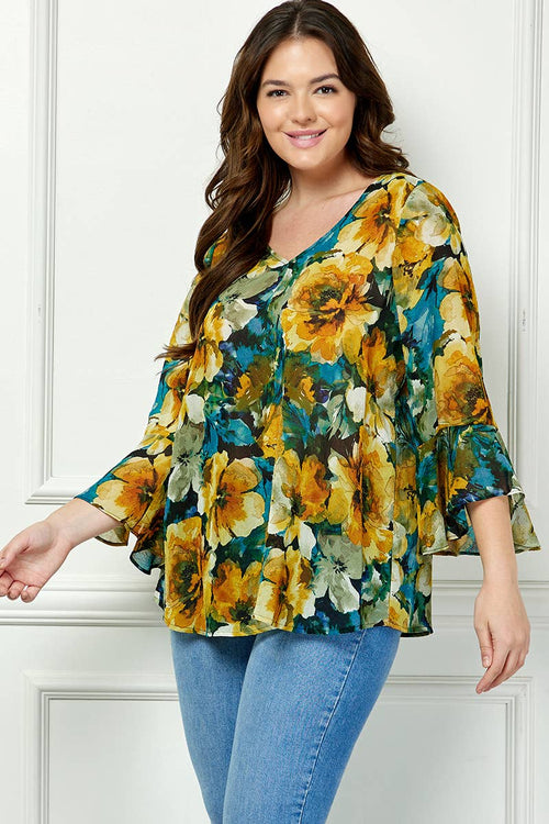 Winslow Collection - PLUS SIZE RUFFLE SLEEVE V-NECK SWING BLOUSE