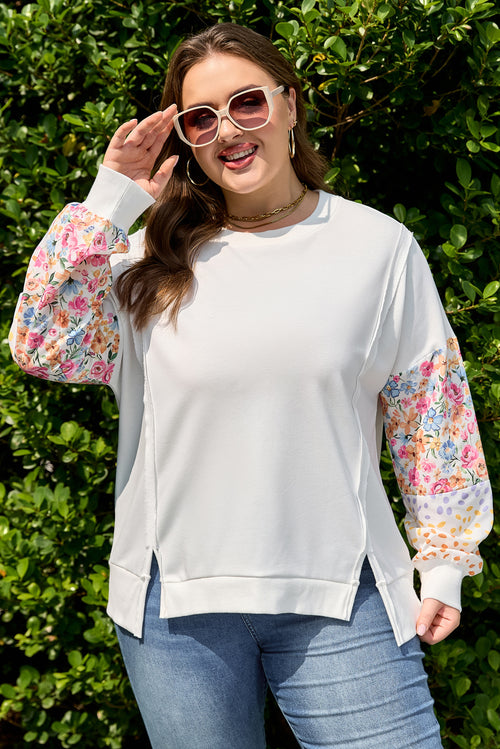 White Plus Size Exposed Seam Detail Contrast Dot Floral Patchwork Sleeve Sweatshirt