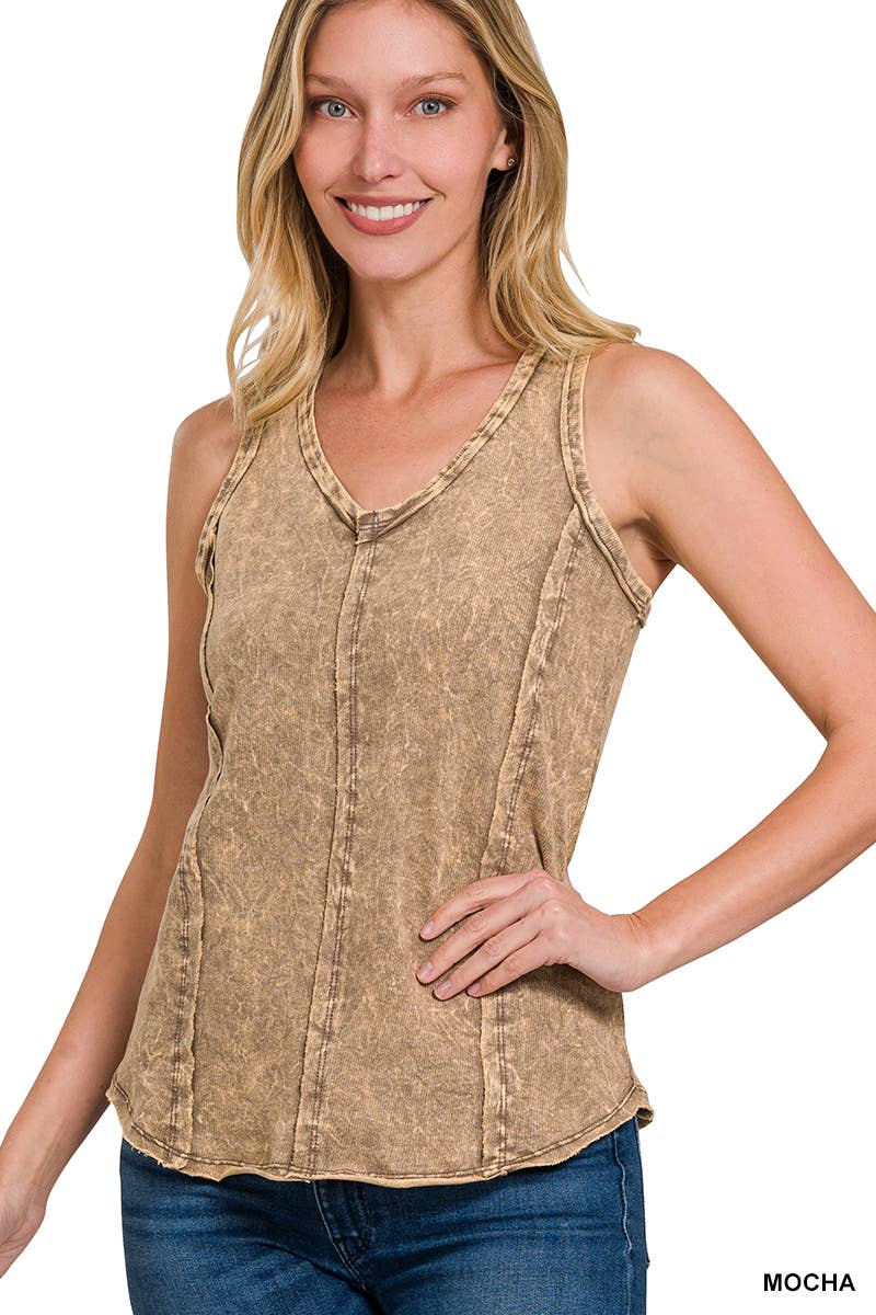 42POPS - `.SI-25350 Washed Raw Edge V Neck Sleeveless Top