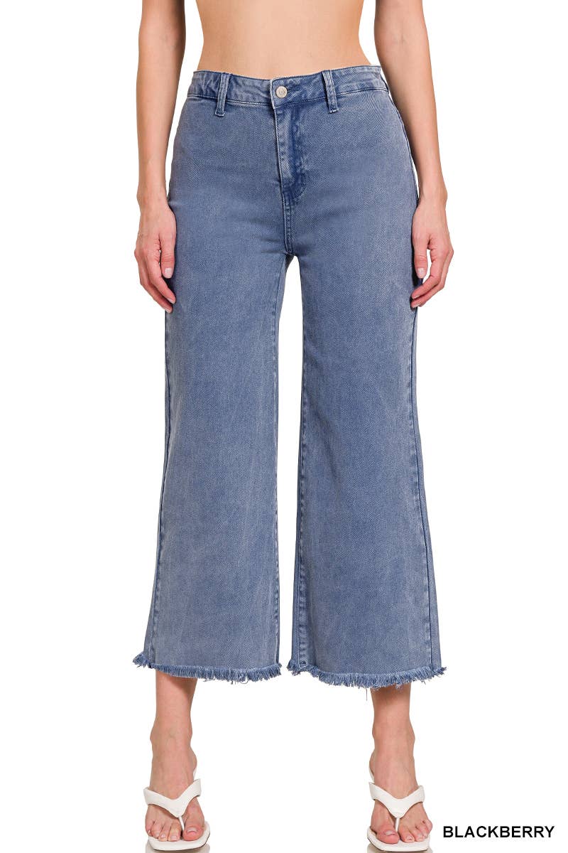 42POPS - ",,..Acid Washed Frayed Cutoff Hem Straight Wide Pants
