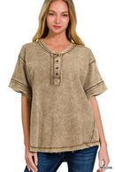 42POPS - `.Washed Raw Edge Detailed Button Closure Top