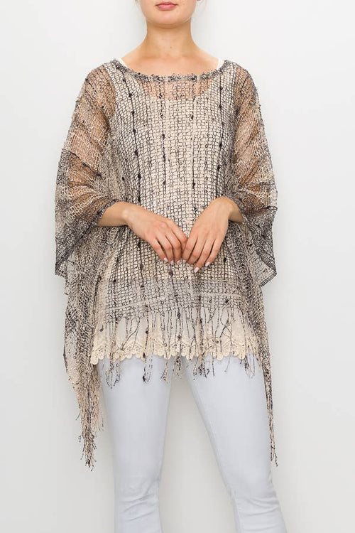 Origami Apparel Lace & Crochet Inspired Mesh Sequin Poncho Top – Y62BG/2 Brown