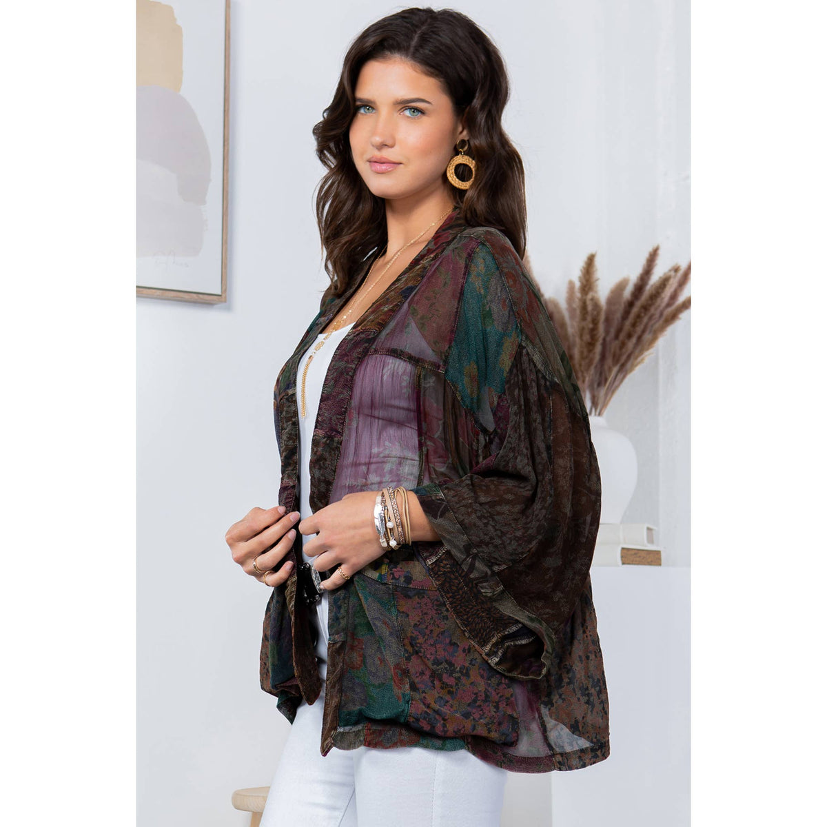 YOUNG THREADS - Western Kimono Top In Overdyed Mix N Match Patches