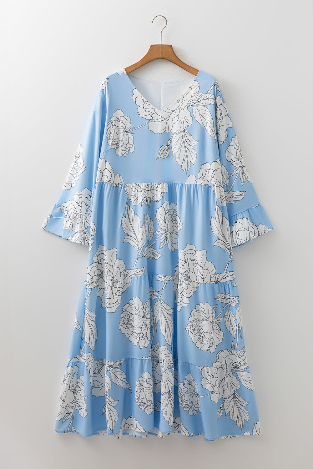 Sky Blue Floral Bracelet Sleeve V Neck Plus Size Tiered Maxi Dress