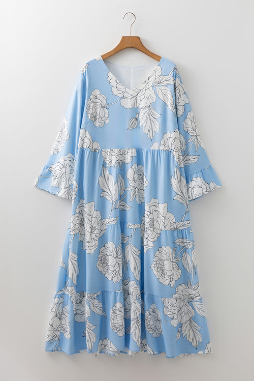 Sky Blue Floral Bracelet Sleeve V Neck Plus Size Tiered Maxi Dress
