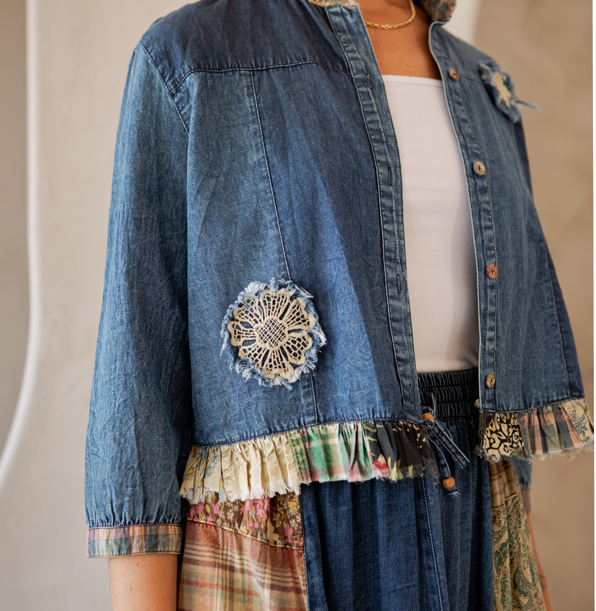 Young Threads - Western Boho Chic: Patchwork Cropped Denim Jacket