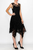 Origami Apparel ~ Lace and Crochet inspired - Whimsical Sleeveless Lace Midi Dress With Unattached Slip - 4609BLACK