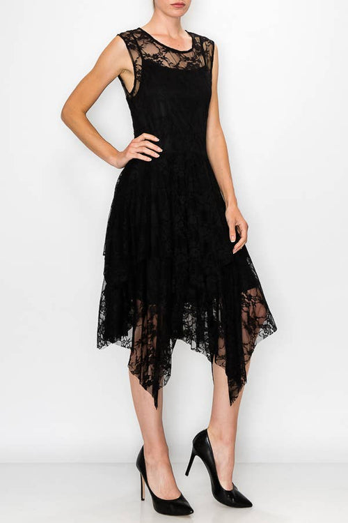 Origami Apparel ~ Lace and Crochet inspired - Whimsical Sleeveless Lace Midi Dress With Unattached Slip - 4609BLACK