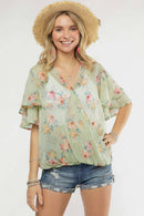 Madelyn - LYT14199A-PRINTED CROSS OVER FLARE SLEEVE TOP