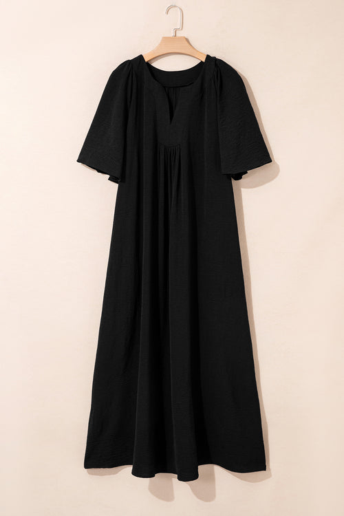 Black Plus Size Solid Color Notched Neck Short Sleeve Loose Dress