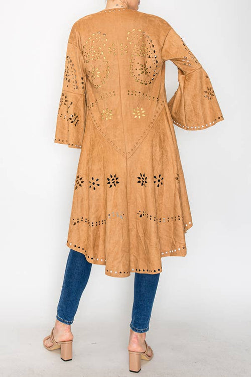 Origami Apparel ~ Faux Suede Jacket Laser Cutout Design - OLS-4762 CAMEL