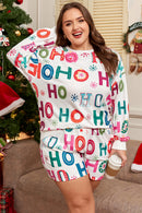 White Plus Size Christmas Ho Ho Ho Print Long Sleeve Top and Shorts 2pc Lounge Set