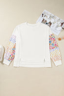 White Plus Size Exposed Seam Detail Contrast Dot Floral Patchwork Sleeve Sweatshirt