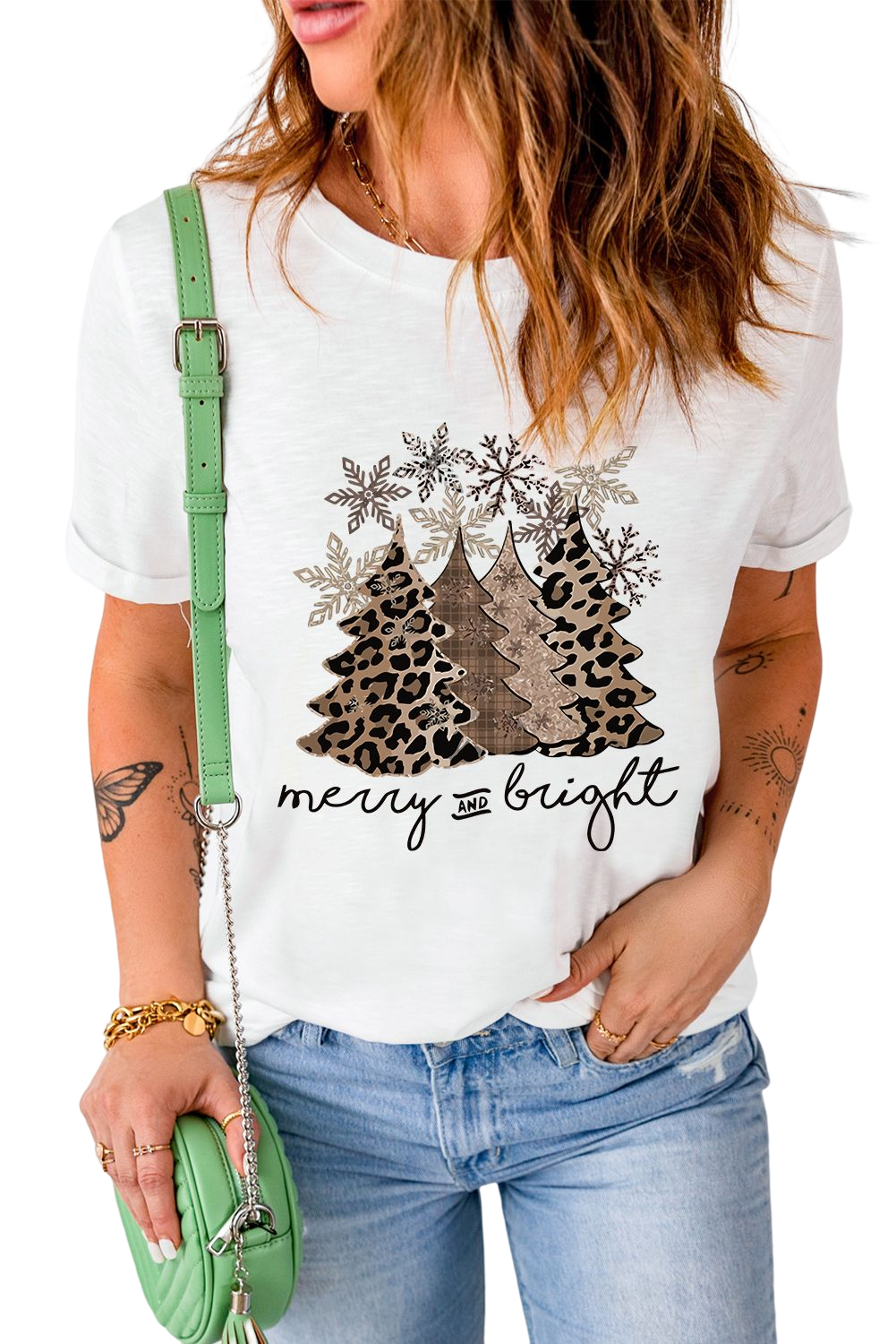 White Leopard Christmas Tree Casual Crew Neck Graphic Tee